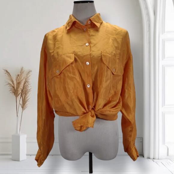 Vintage 80s Basic Issue Silk Shirt Pumpkin Orange Oversized Button Up Blouse - Picture 1 of 12